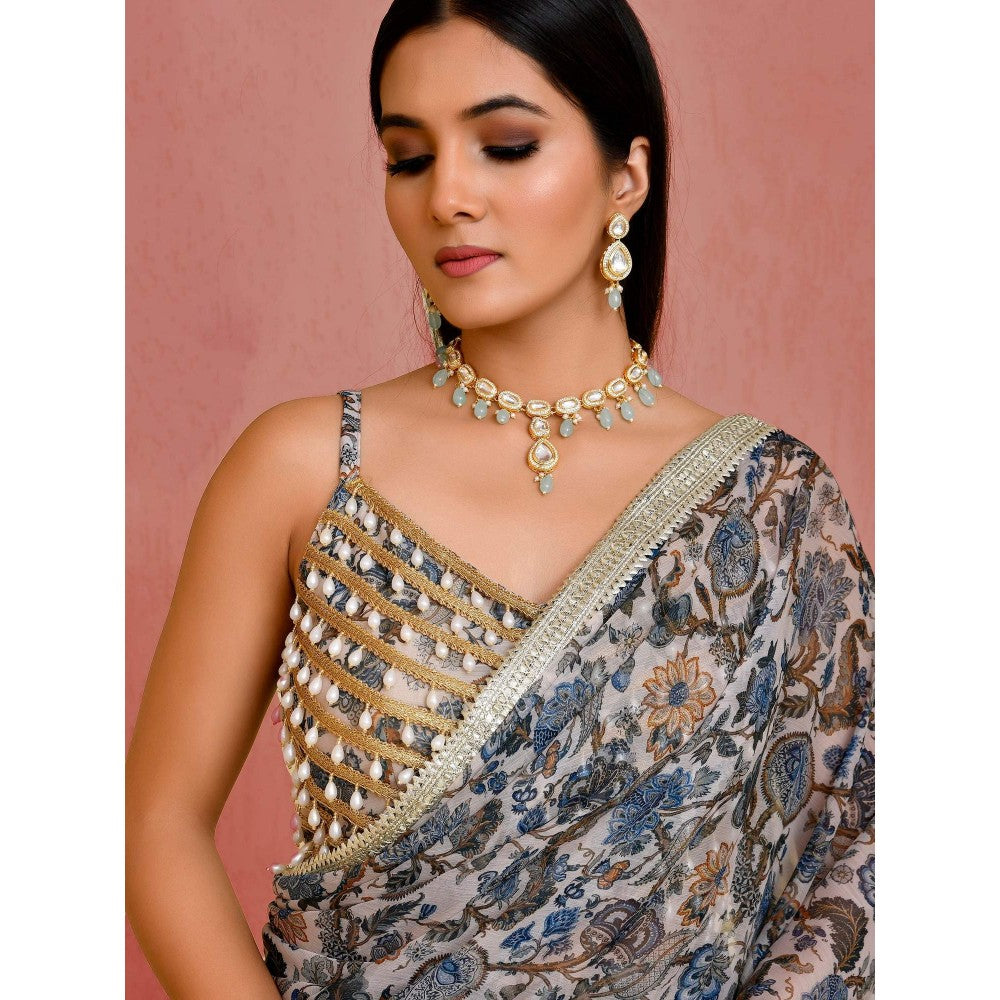 Bannhi Beige-Blue Gulbahar Pre-Stitched Saree With Stitched Blouse