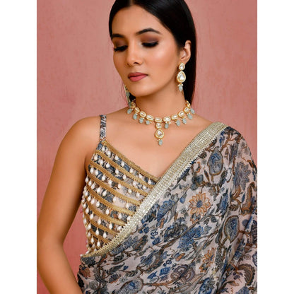 Bannhi Beige-Blue Gulbahar Pre-Stitched Saree With Stitched Blouse
