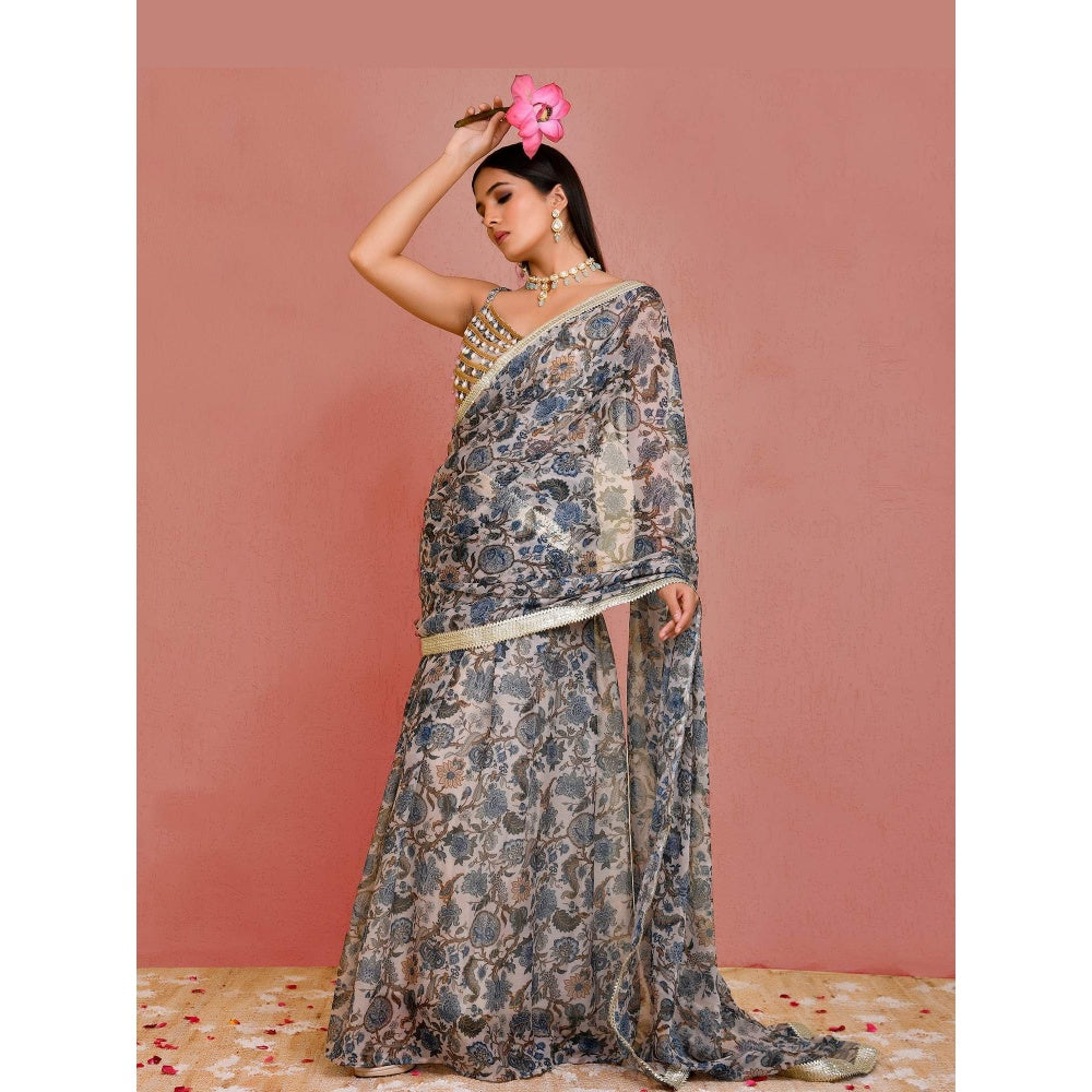Bannhi Beige-Blue Gulbahar Pre-Stitched Saree With Stitched Blouse