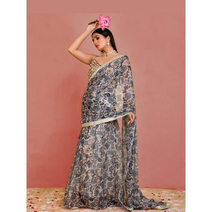 Bannhi Beige-Blue Gulbahar Pre-Stitched Saree With Stitched Blouse