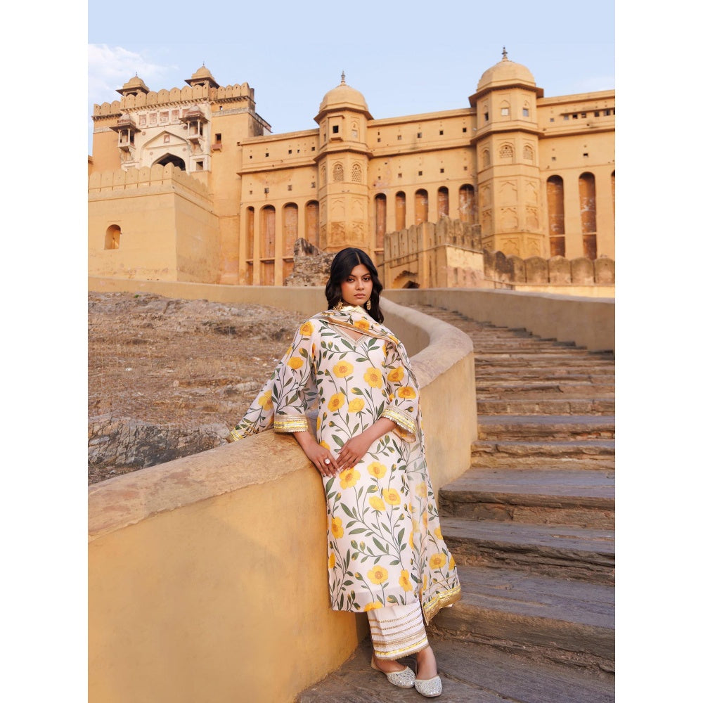 Bannhi Off-White and Yellow Floral Printed Chanderi Kurta With Pant and Dupatta