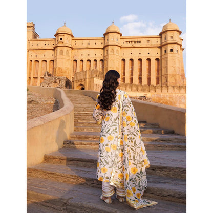 Bannhi Off-White and Yellow Floral Printed Chanderi Kurta With Pant and Dupatta