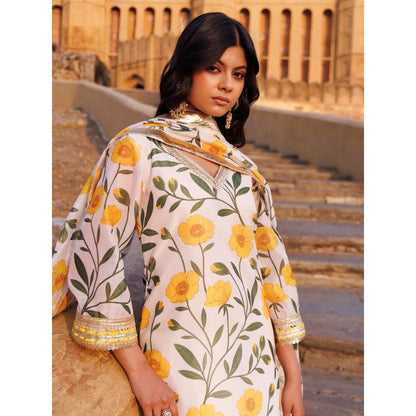 Bannhi Off-White and Yellow Floral Printed Chanderi Kurta With Pant and Dupatta