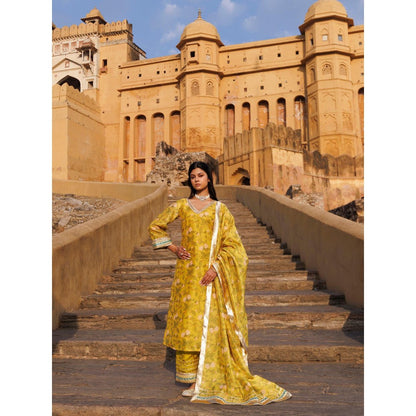 Bannhi Olive Yellow Chanderi Kurta With Pant and Dupatta
