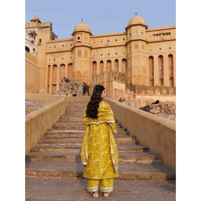 Bannhi Olive Yellow Chanderi Kurta With Pant and Dupatta