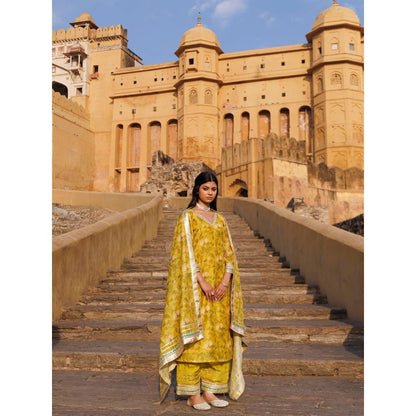 Bannhi Olive Yellow Chanderi Kurta With Pant and Dupatta