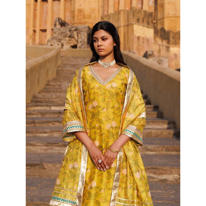 Bannhi Olive Yellow Chanderi Kurta With Pant and Dupatta