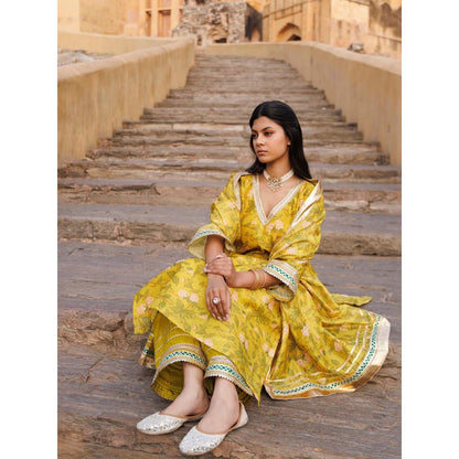 Bannhi Olive Yellow Chanderi Kurta With Pant and Dupatta