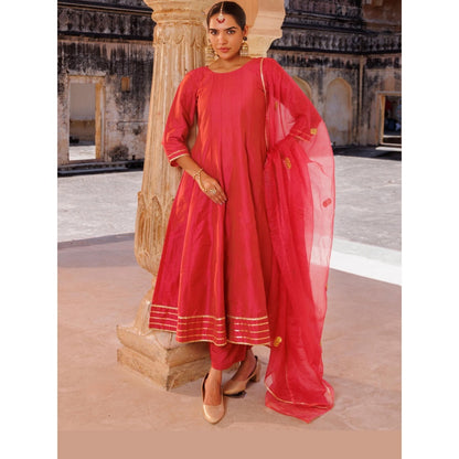 Bannhi Pink Raw Silk, Gota Patti Work Anarkali With Pant and Dupatta