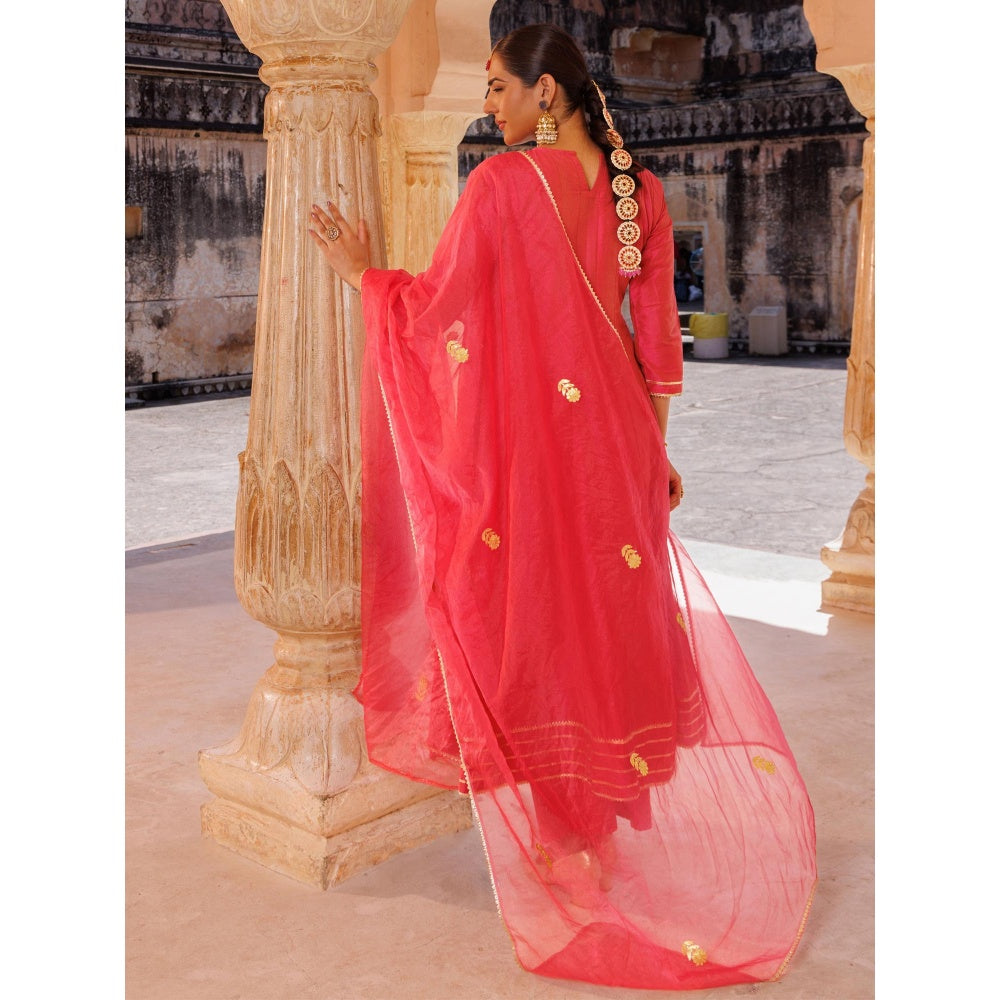 Bannhi Pink Raw Silk, Gota Patti Work Anarkali With Pant and Dupatta