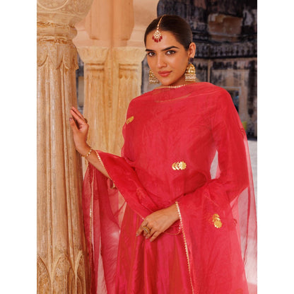 Bannhi Pink Raw Silk, Gota Patti Work Anarkali With Pant and Dupatta