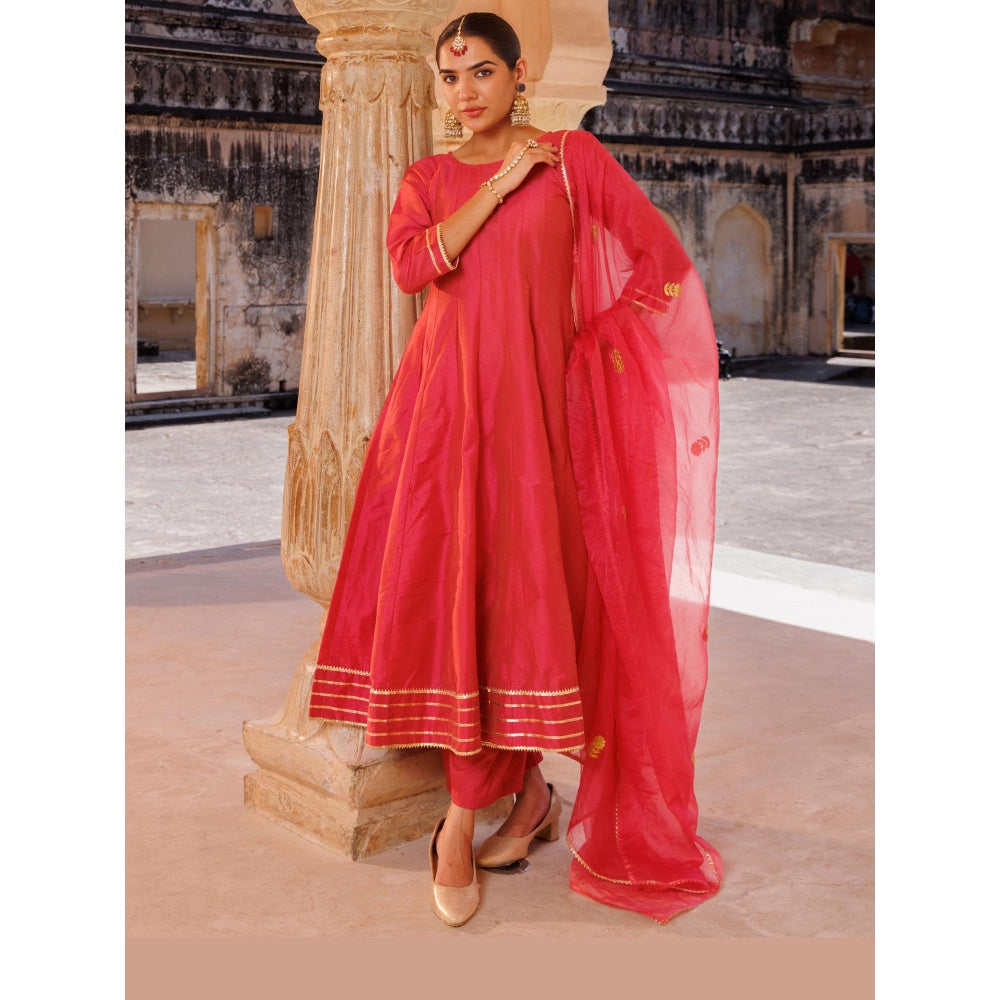 Bannhi Pink Raw Silk, Gota Patti Work Anarkali With Pant and Dupatta