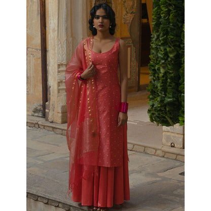 Baaro Masi Rose Pink Brocade Kurta with Skirt & Organza Dupatta (Set of 3)