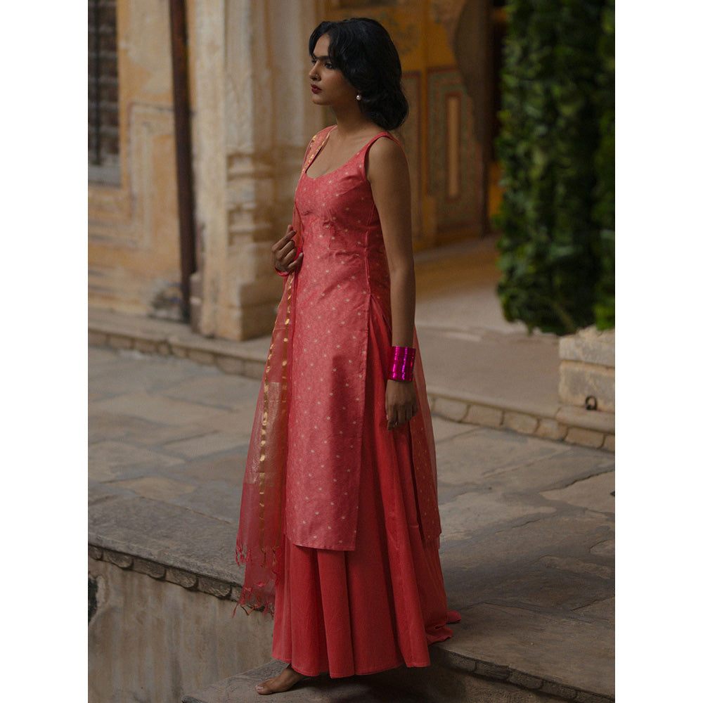 Baaro Masi Rose Pink Brocade Kurta with Skirt & Organza Dupatta (Set of 3)