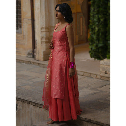 Baaro Masi Rose Pink Brocade Kurta with Skirt & Organza Dupatta (Set of 3)