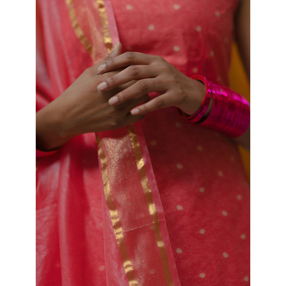 Baaro Masi Rose Pink Brocade Kurta with Skirt & Organza Dupatta (Set of 3)