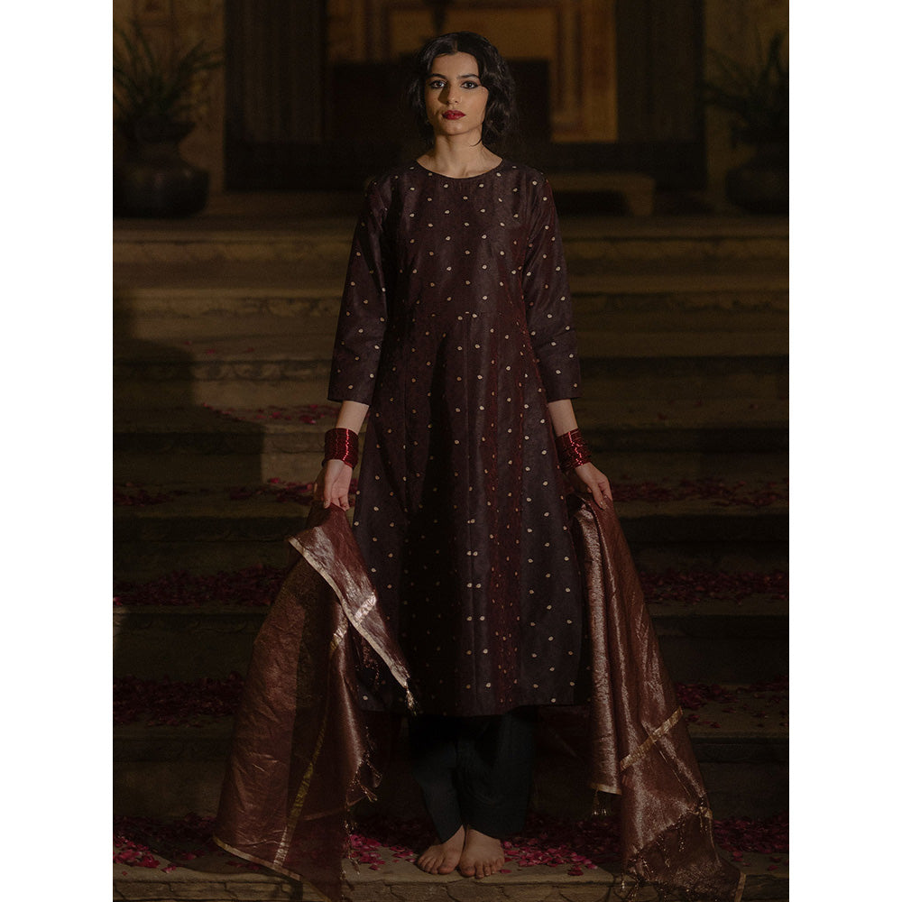 Baaro Masi Brown Brocade Kurta with Salwar & Organza Dupatta (Set of 3)