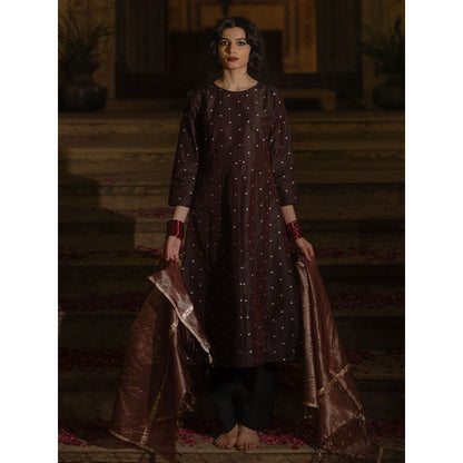 Baaro Masi Brown Brocade Kurta with Salwar & Organza Dupatta (Set of 3)
