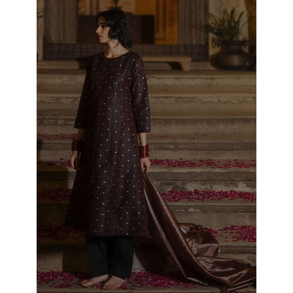 Baaro Masi Brown Brocade Kurta with Salwar & Organza Dupatta (Set of 3)