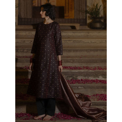 Baaro Masi Brown Brocade Kurta with Salwar & Organza Dupatta (Set of 3)