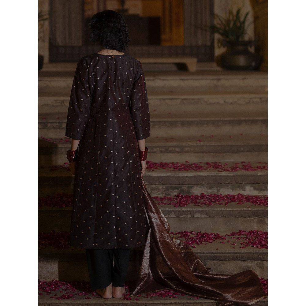 Baaro Masi Brown Brocade Kurta with Salwar & Organza Dupatta (Set of 3)