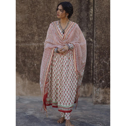 Baaro Masi Red & Cream Muslin Handblock Printed Angarkha Suit with Printed Dupatta (Set of 3)