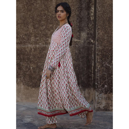 Baaro Masi Red & Cream Muslin Handblock Printed Angarkha Suit with Printed Dupatta (Set of 3)
