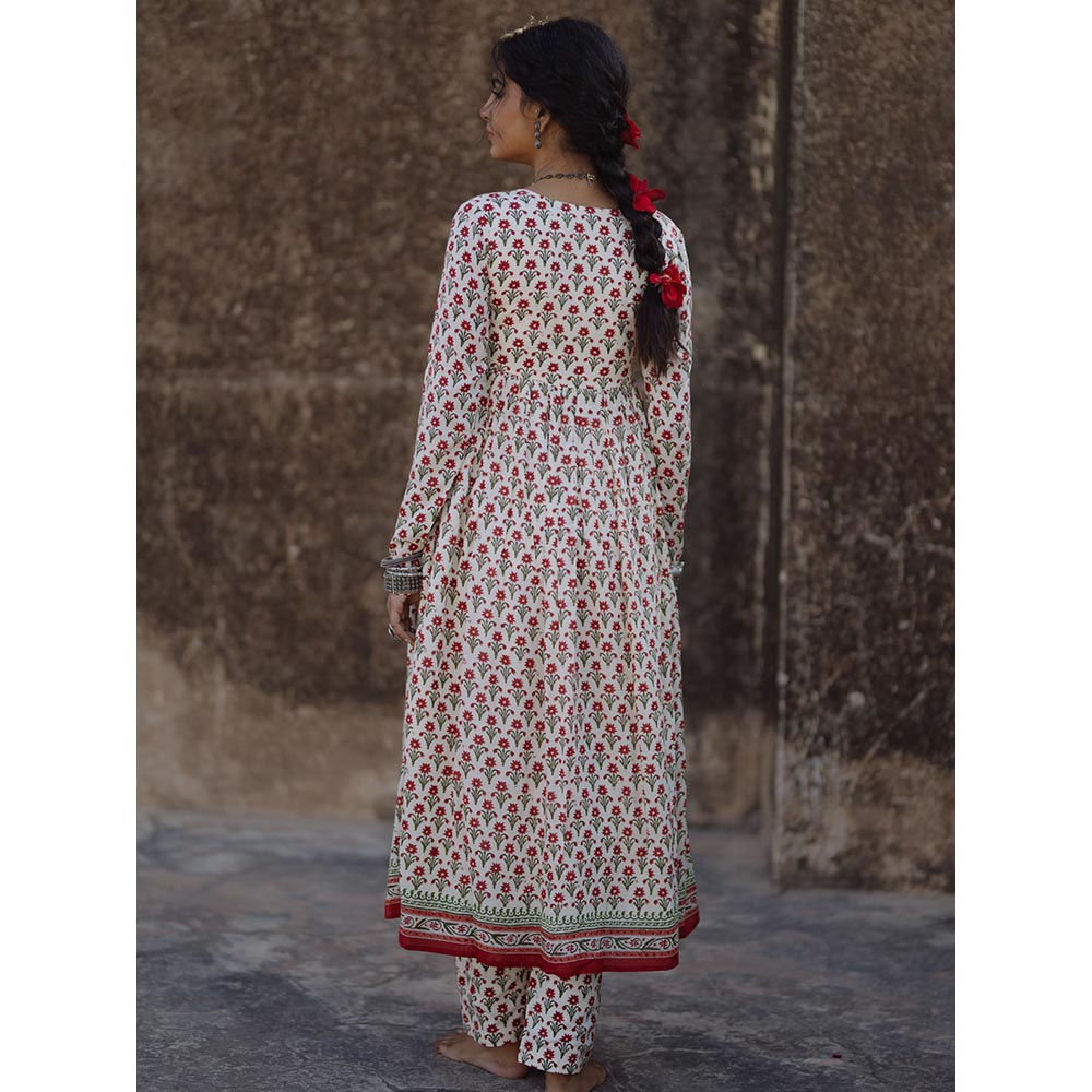 Baaro Masi Red & Cream Muslin Handblock Printed Angarkha Suit with Printed Dupatta (Set of 3)