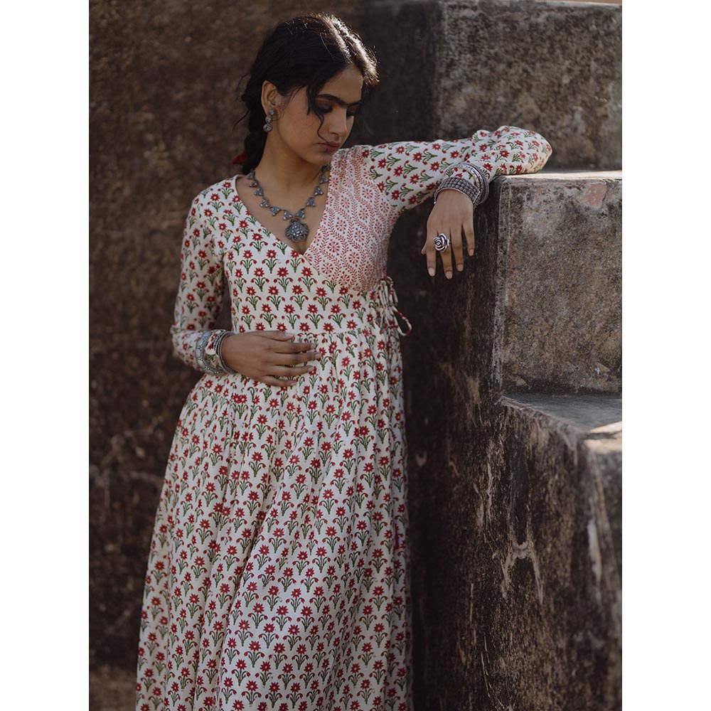 Baaro Masi Red & Cream Muslin Handblock Printed Angarkha Suit with Printed Dupatta (Set of 3)