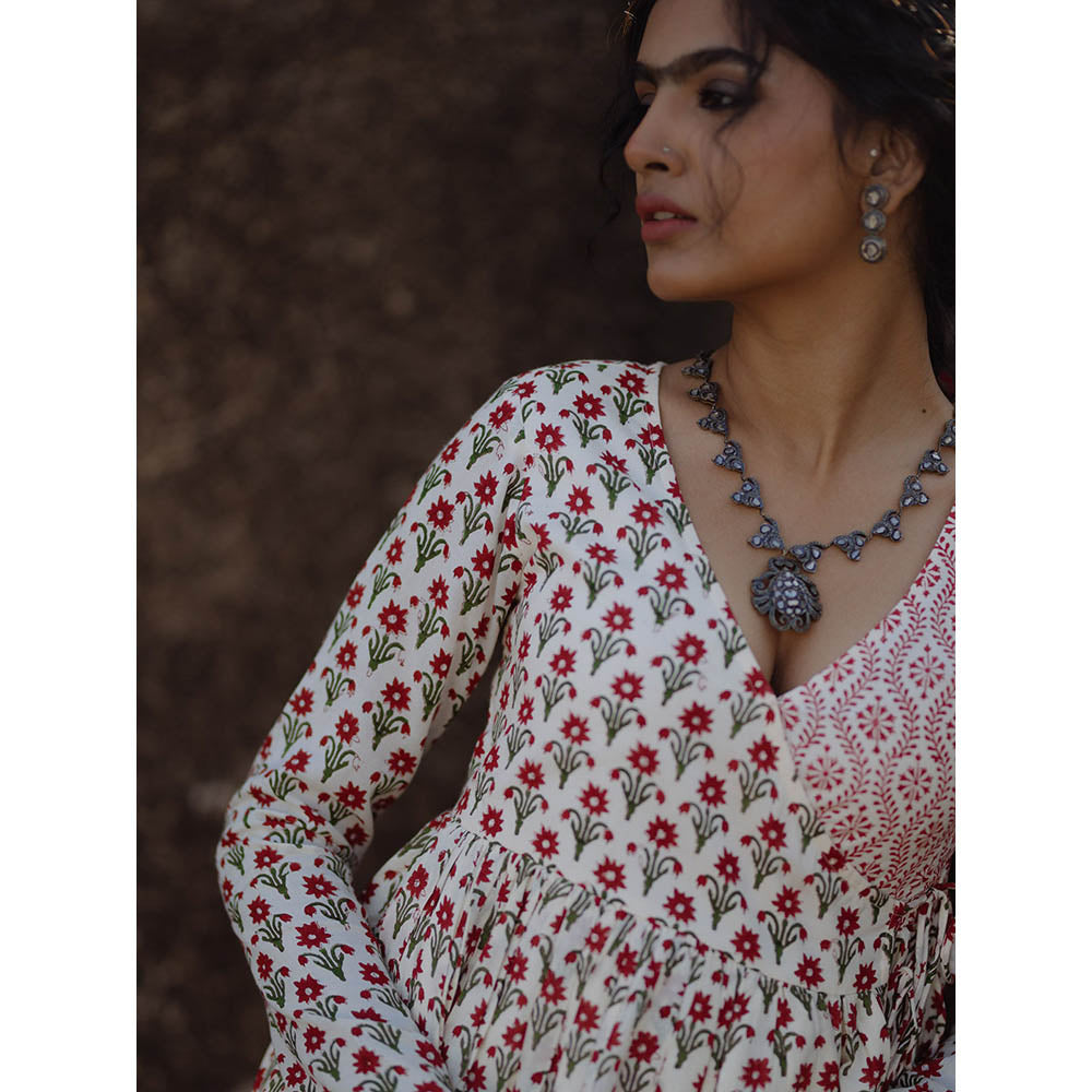 Baaro Masi Red & Cream Muslin Handblock Printed Angarkha Suit with Printed Dupatta (Set of 3)
