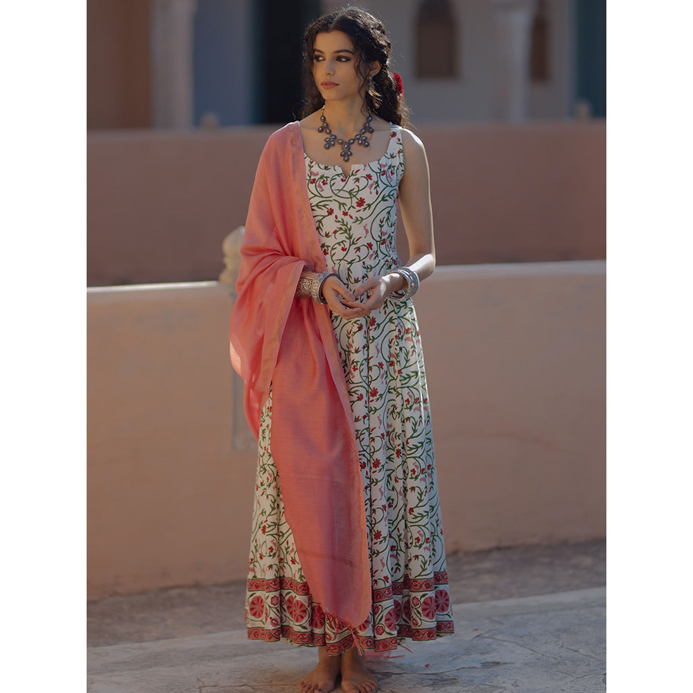 Baaro Masi Pink & Cream Muslin Printed Anarkali Suit with Chanderi Dupatta (Set of 3)