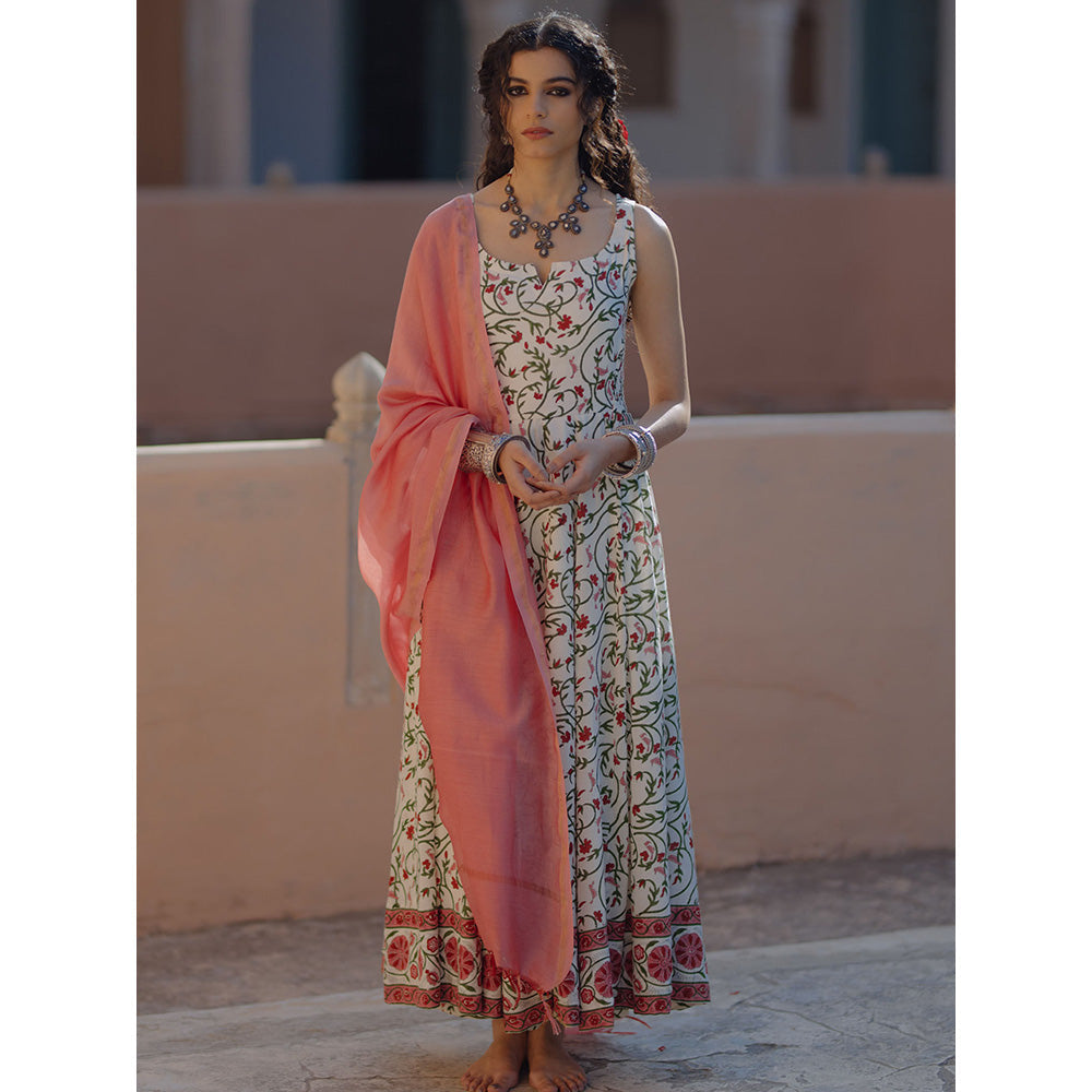 Baaro Masi Pink & Cream Muslin Printed Anarkali Suit with Chanderi Dupatta (Set of 3)