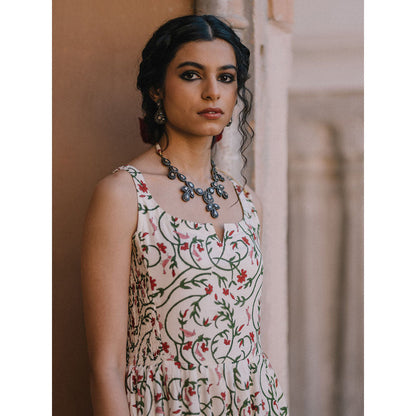 Baaro Masi Pink & Cream Muslin Printed Anarkali Suit with Chanderi Dupatta (Set of 3)