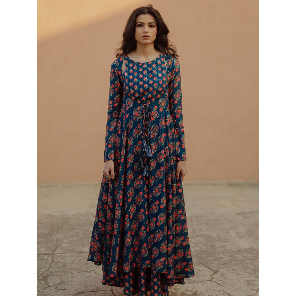 Baaro Masi Moroccan Blue Printed Jacket & Skirt with Short Top (Set of 3)