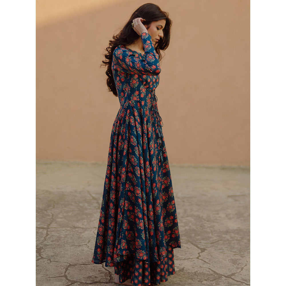 Baaro Masi Moroccan Blue Printed Jacket & Skirt with Short Top (Set of 3)