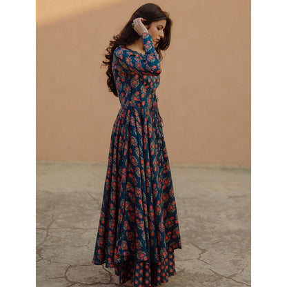 Baaro Masi Moroccan Blue Printed Jacket & Skirt with Short Top (Set of 3)