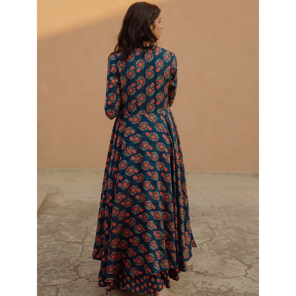 Baaro Masi Moroccan Blue Printed Jacket & Skirt with Short Top (Set of 3)