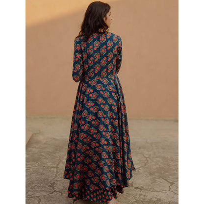 Baaro Masi Moroccan Blue Printed Jacket & Skirt with Short Top (Set of 3)