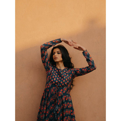 Baaro Masi Moroccan Blue Printed Jacket & Skirt with Short Top (Set of 3)