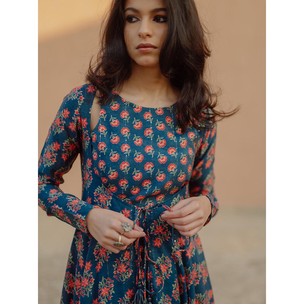 Baaro Masi Moroccan Blue Printed Jacket & Skirt with Short Top (Set of 3)
