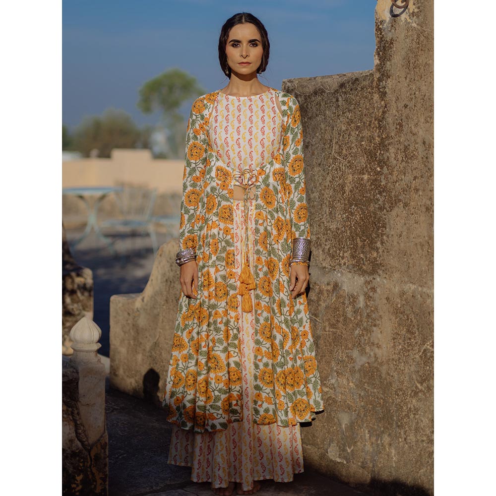Baaro Masi Yellow & Cream Muslin Handblock Printed Jacket & Skirt with Short Top (Set of 3)
