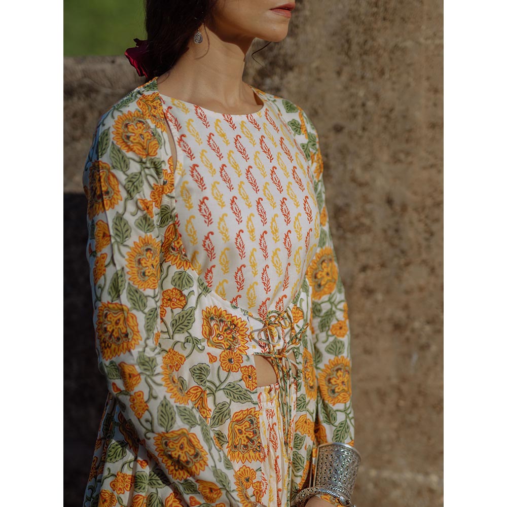Baaro Masi Yellow & Cream Muslin Handblock Printed Jacket & Skirt with Short Top (Set of 3)