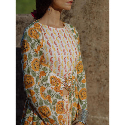 Baaro Masi Yellow & Cream Muslin Handblock Printed Jacket & Skirt with Short Top (Set of 3)