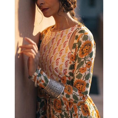 Baaro Masi Yellow & Cream Muslin Handblock Printed Jacket & Skirt with Short Top (Set of 3)
