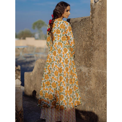 Baaro Masi Yellow & Cream Muslin Handblock Printed Jacket & Skirt with Short Top (Set of 3)
