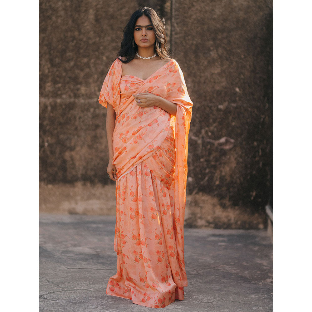 Baaro Masi Light Coral Vegan Satin Draped Saree with Stitched Blouse
