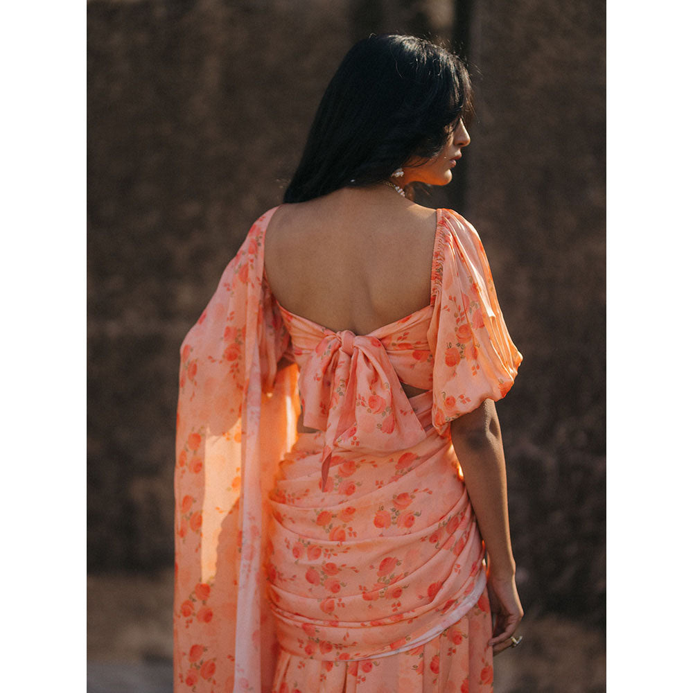 Baaro Masi Light Coral Vegan Satin Draped Saree with Stitched Blouse