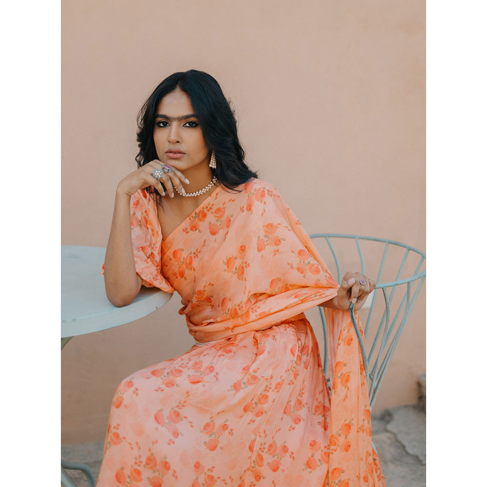 Baaro Masi Light Coral Vegan Satin Draped Saree with Stitched Blouse