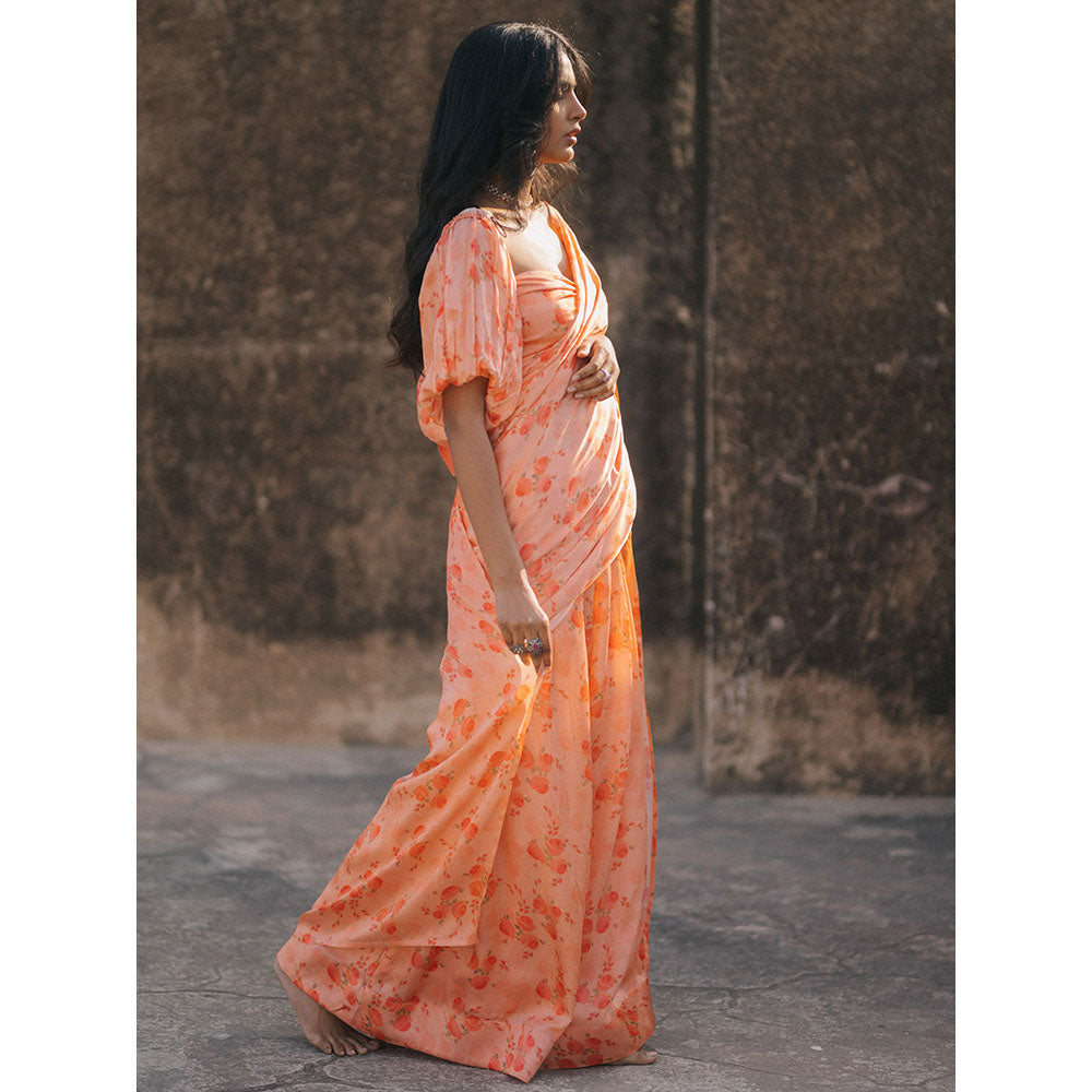 Baaro Masi Light Coral Vegan Satin Draped Saree with Stitched Blouse