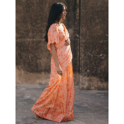 Baaro Masi Light Coral Vegan Satin Draped Saree with Stitched Blouse